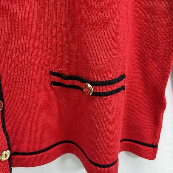 By Design Women Button Front Cardigan LARGE Red Black Trim Gold Buttons Career - Picture 2 of 12